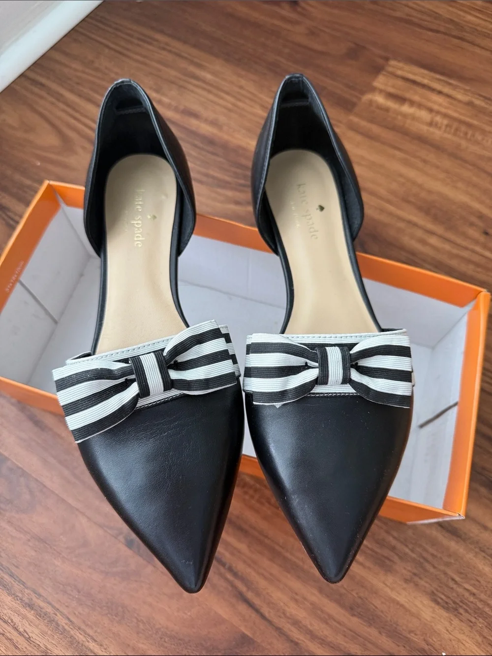 kate spade Black Pointed-Toe Flats with Black & White Striped Bow - Picture 1 of 5